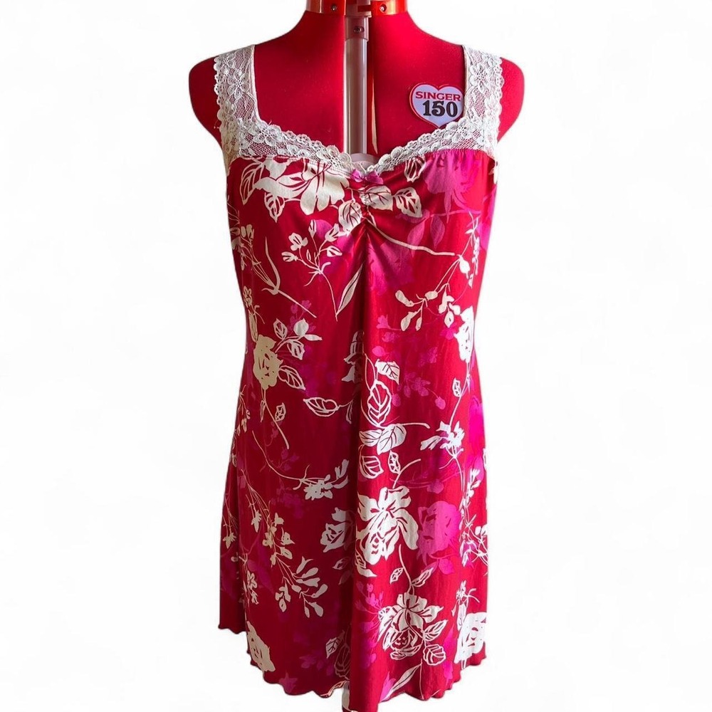 Ambrielle Pink Floral Mini Nightgown Dress Lace Trim Size Medium Sleep Romantic